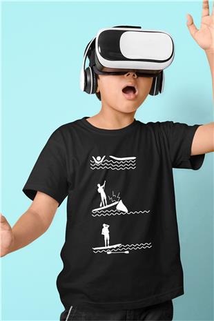 Kürek - Paddle Boarding Baskılı Unisex Siyah Çocuk Tİşörtü - Tshirt
