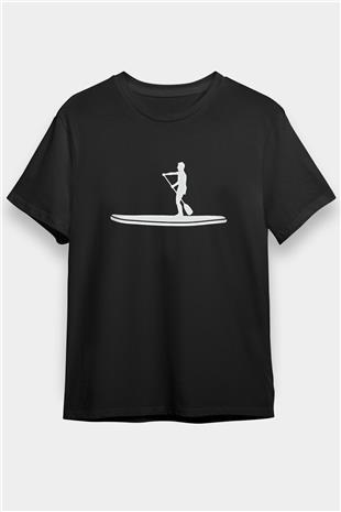 Kürek - Paddle Boarding Baskılı Unisex Siyah Tişört - Tshirt
