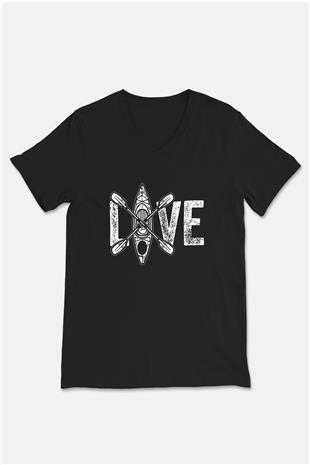 Kürek - Paddle Boarding Baskılı Unisex Siyah V Yaka Tişört