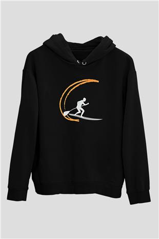 Kürek - Paddle Boarding Baskılı Unisex Siyah Kapüşonlu Sweatshirt