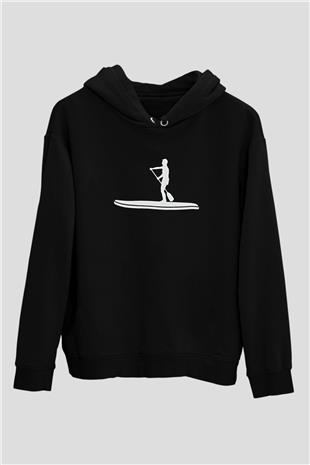 Kürek - Paddle Boarding Baskılı Unisex Siyah Kapüşonlu Sweatshirt