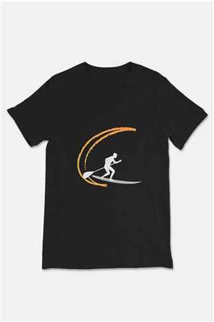 Kürek - Paddle Boarding Baskılı Unisex Siyah V Yaka Tişört