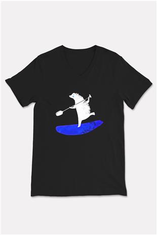 Kürek - Paddle Boarding Baskılı Unisex Siyah V Yaka Tişört