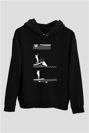 Kürek - Paddle Boarding Baskılı Unisex Siyah Kapüşonlu Sweatshirt
