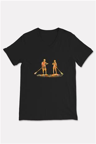 Kürek - Paddle Boarding Baskılı Unisex Siyah V Yaka Tişört