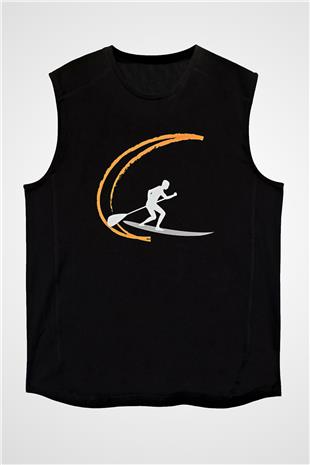 Kürek - Paddle Boarding Baskılı Unisex Siyah Kolsuz Tişört