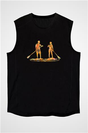 Kürek - Paddle Boarding Baskılı Unisex Siyah Kolsuz Tişört