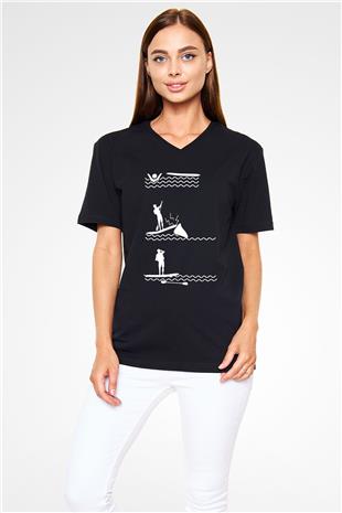 Kürek - Paddle Boarding Baskılı Unisex Siyah V Yaka Tişört