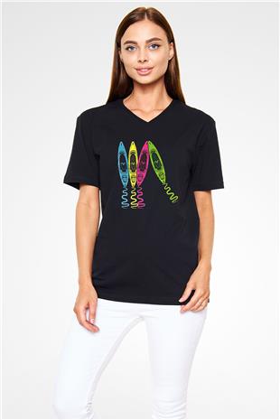 Kürek - Paddle Boarding Baskılı Unisex Siyah V Yaka Tişört