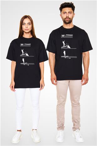Kürek - Paddle Boarding Baskılı Unisex Siyah Oversize Tişört