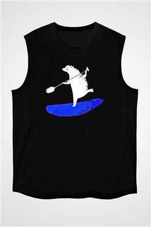 Kürek - Paddle Boarding Baskılı Unisex Siyah Kolsuz Tişört