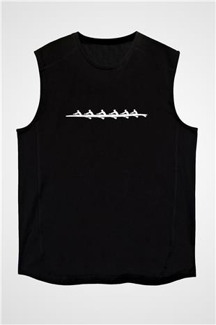 Kürek - Rowing Sport Baskılı Unisex Siyah Kolsuz Tişört