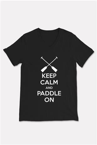 Kürek - Rowing Sport Baskılı Unisex Siyah V Yaka Tişört