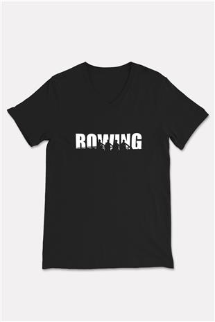 Kürek - Rowing Sport Baskılı Unisex Siyah V Yaka Tişört