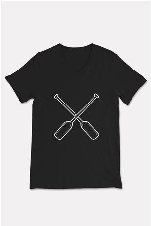 Kürek - Rowing Sport Baskılı Unisex Siyah V Yaka Tişört