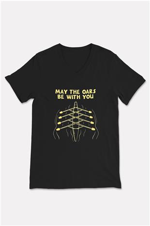 Kürek - Rowing Sport Baskılı Unisex Siyah V Yaka Tişört