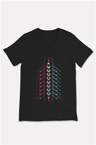 Kürek - Rowing Sport Baskılı Unisex Siyah V Yaka Tişört