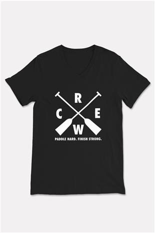 Kürek - Rowing Sport Baskılı Unisex Siyah V Yaka Tişört