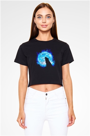 Kurt Baskılı  Siyah  Crop Top Tişört