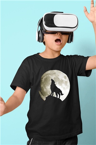 Kurt Baskılı Siyah Unisex Çocuk Tişört