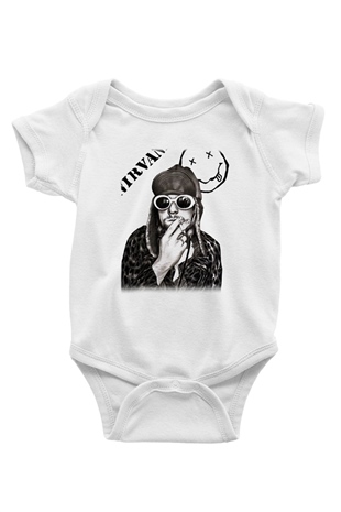 Kurt Cobain Baskılı Beyaz Unisex Bebek Body - Zıbın