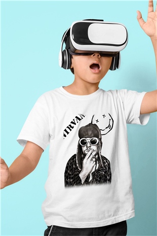 Kurt Cobain Baskılı Beyaz Unisex Çocuk Tişört