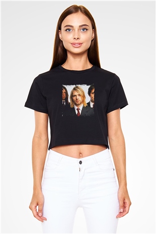 Kurt Cobain Baskılı Siyah Kadın Crop Top Tişört