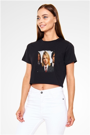 Kurt Cobain Baskılı Siyah Kadın Crop Top Tişört