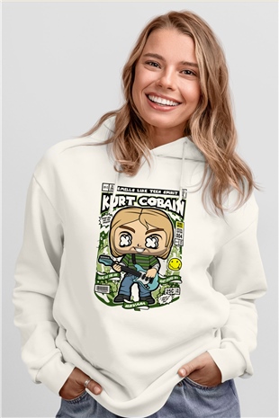 Kurt Cobain Baskılı Unisex Beyaz Hoodie