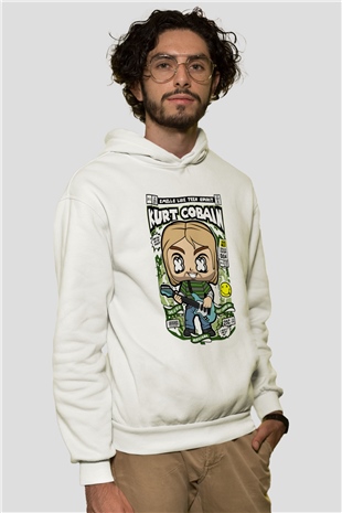 Kurt Cobain Baskılı Unisex Beyaz Hoodie