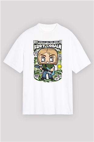 Kurt Cobain Baskılı Unisex Beyaz Oversize Tişört