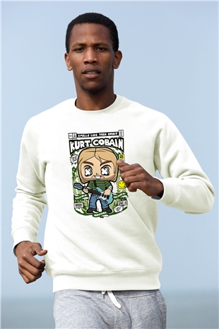 Kurt Cobain Baskılı Unisex Beyaz Sweatshirt