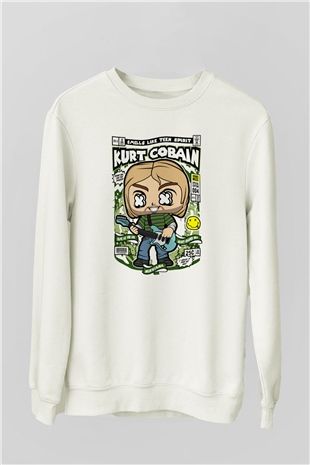 Kurt Cobain Baskılı Unisex Beyaz Sweatshirt