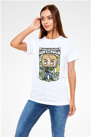 Kurt Cobain Baskılı Unisex Beyaz Tişört