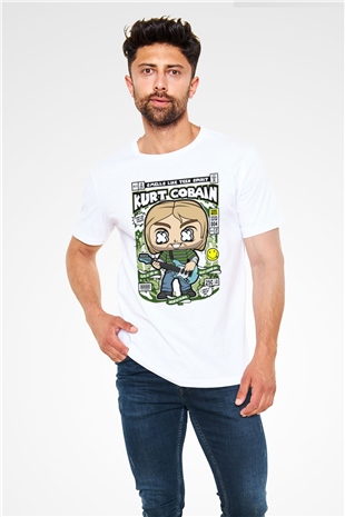 Kurt Cobain Baskılı Unisex Beyaz Tişört