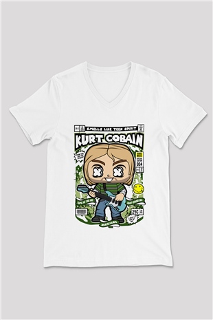 Kurt Cobain Baskılı Unisex Beyaz V Yaka Tişört