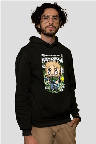 Kurt Cobain Baskılı Unisex Siyah Hoodie