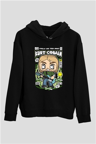Kurt Cobain Baskılı Unisex Siyah Hoodie