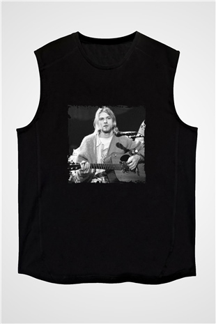 Kurt Cobain Baskılı Unisex Siyah Kolsuz Tişört