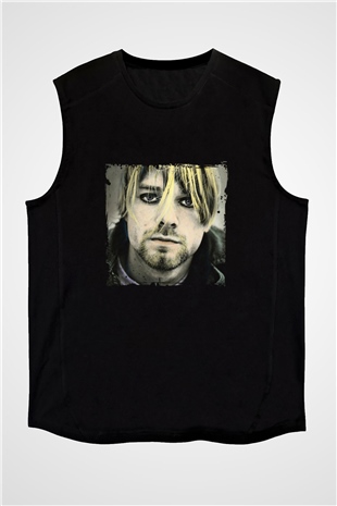 Kurt Cobain Baskılı Unisex Siyah Kolsuz Tişört