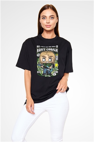 Kurt Cobain Baskılı Unisex Siyah Oversize Tişört