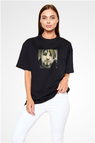 Kurt Cobain Baskılı Unisex Siyah Oversize Tişört
