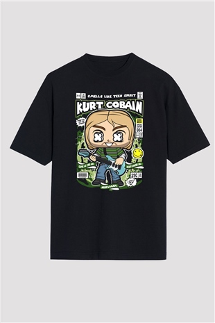Kurt Cobain Baskılı Unisex Siyah Oversize Tişört
