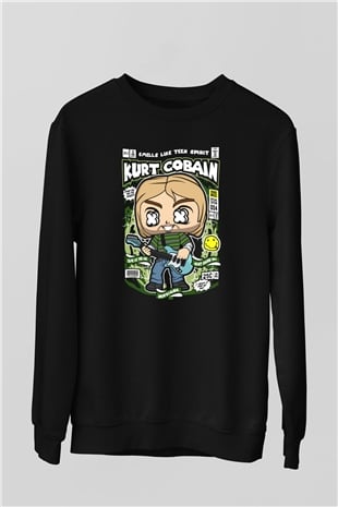 Kurt Cobain Baskılı Unisex Siyah Sweatshirt