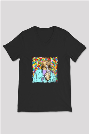 Kurt Cobain Baskılı Unisex Siyah V Yaka Tişört