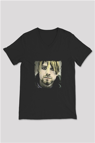 Kurt Cobain Baskılı Unisex Siyah V Yaka Tişört