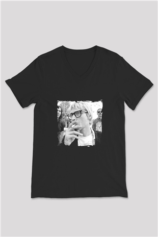 Kurt Cobain Baskılı Unisex Siyah V Yaka Tişört