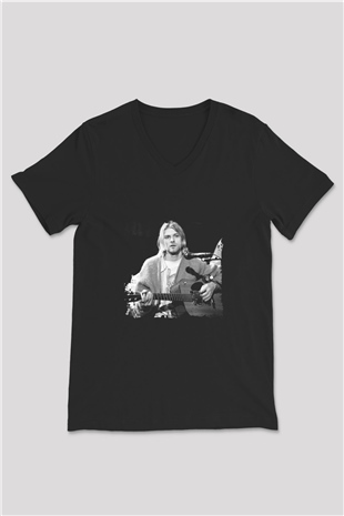 Kurt Cobain Baskılı Unisex Siyah V Yaka Tişört