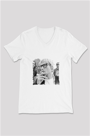 Kurt Cobain Baskılı V Yaka Unisex Beyaz Tişört