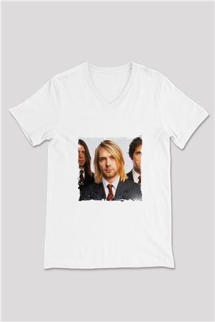 Kurt Cobain Baskılı V Yaka Unisex Beyaz Tişört